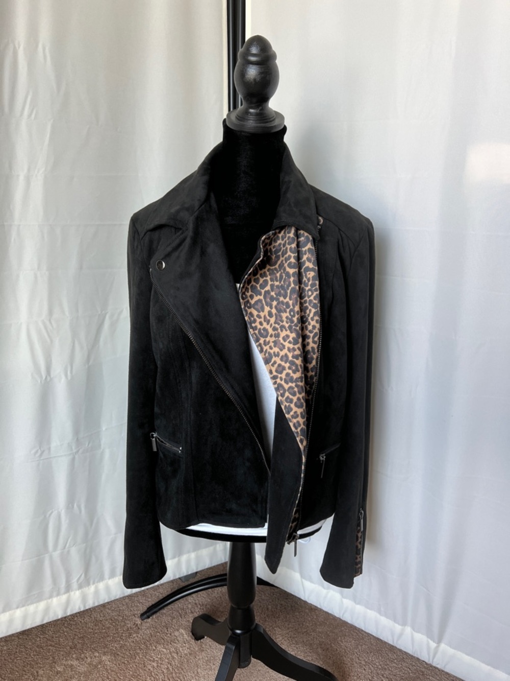 Kut from the Kloth Faux Suede Asymmetrical Zip Moto Jacket with Leopard Print - Picture 1 of 8
